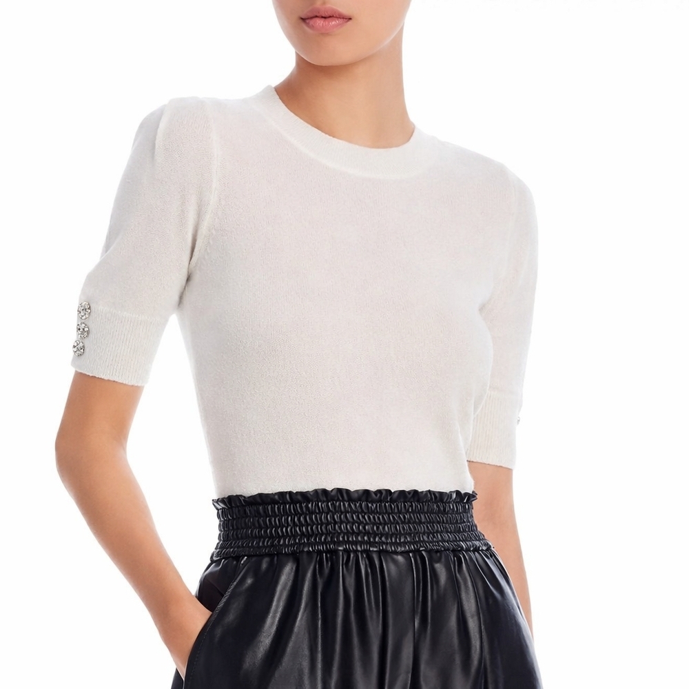 Aqua White Short-Sleeve Crewneck Sweater with Embellished Cuffs